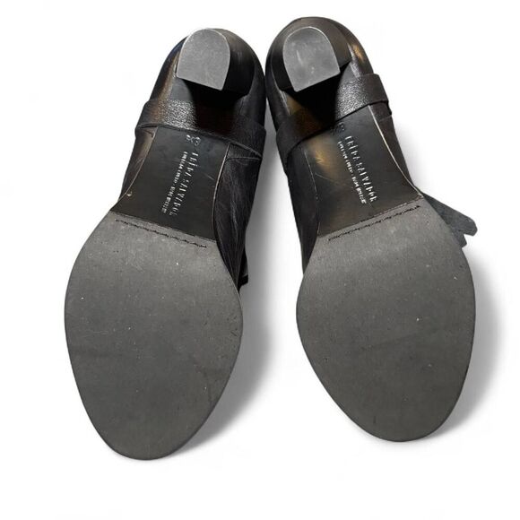 Freda Salvador Women’s 8.5 Black Leather Peep Toe Fringe Booties Heels Spain - Picture 6 of 7